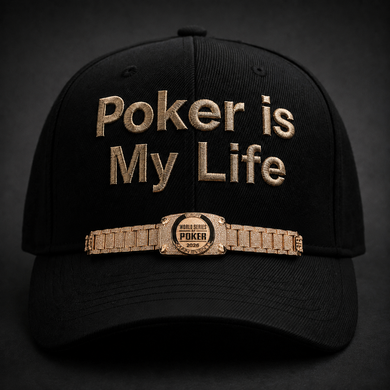'Poker is My Life' cap featuring the WSOP 2026 Main Event bracelet